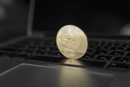 笔记本电脑上的 Dash 硬币符号 概念金融货币 加密货币符号 区块链挖矿 数字货币和虚拟加密货币概念 商业的 商业的经济网络危图片