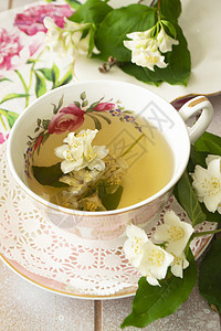 一杯热绿茶 配有茉莉香味和新鲜茉莉花图片