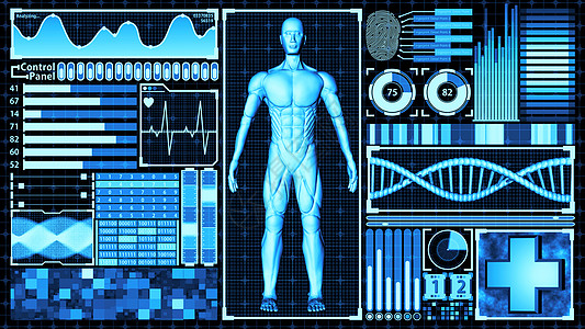 8K 3D 渲染人体和 DNA 双螺旋扫描分析抽象医学未来 HUD 显示屏界面 ver 1 全视图图片