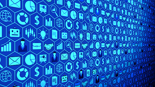 8K 商业和技术大图片面板背景由带有蓝光 ver 的图标集组成人工智能创新学习电脑全球化电子商务公司金融机器人六边形图片