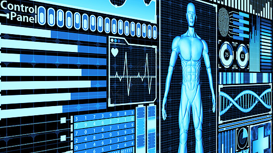 8K 3D 渲染人体和 DNA 双螺旋扫描分析抽象医学未来 HUD 显示屏界面 ver创新科学研究实验室用户诊断药品电脑指纹扫描图片