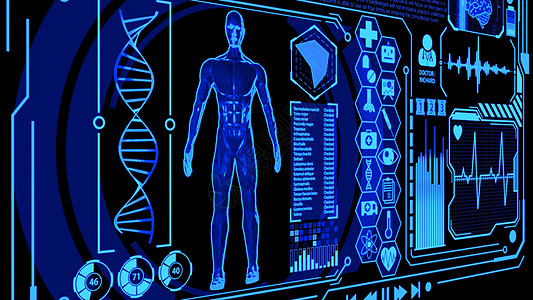 3D 人体模型渲染在医疗未来 HUD 显示屏中旋转 包括图标集数字脑扫描心波等 蓝色静止图像版本图表数据诊断全息医院技术信息智力图片