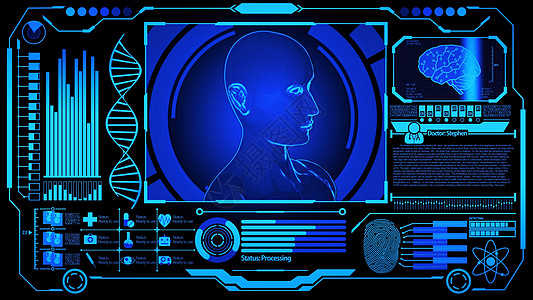 3D 人体头部模型渲染在医疗未来 HUD 显示屏中旋转 包括 DNA 数字脑扫描指纹等 蓝色静止图像 Ver 1 全屏图片