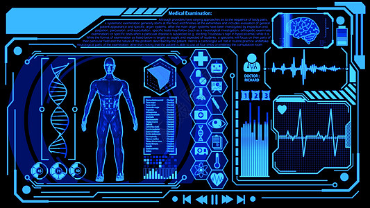 全屏纯字素材3D 人体模型渲染在医疗未来派 HUD 显示屏中旋转 包括图标集数字脑扫描心波等蓝色静止图像 Ver 1 全屏背景