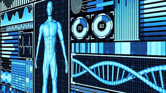 8K 3D 渲染人体和 DNA 双螺旋扫描分析抽象医学未来 HUD 显示屏界面 ver智力诊断身体科学人工智能解剖学实验室生物学图片