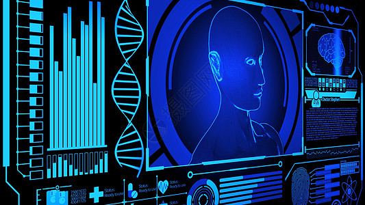 3D 人体头部模型渲染在医疗未来派 HUD 显示屏中旋转 包括 DNA 数字脑扫描指纹等 蓝色静止图像版本数据全息报告电脑创新医图片