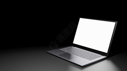 8K 3D 渲染隔离打开的笔记本电脑 在黑暗房间的地板上显示空白屏幕 右侧有一个光源图片