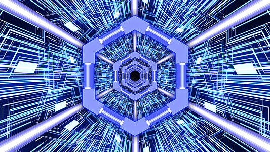 蓝色主题背景中具有六角环边框的 3D 抽象数字电路系统隧道图片