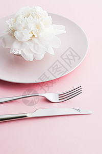 餐盘和餐具 配有小鲜花作为婚礼装饰品 放在粉红色背景 活动装饰最上桌菜以及甜点菜单风格晚餐派对新娘庆典广告环境假期生日牡丹图片