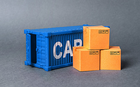 有箱子的蓝色货物集装箱 商业和贸易的概念 货物交付 货物交换 全球化 性能高效的生产 工商业 交通基础设施图片