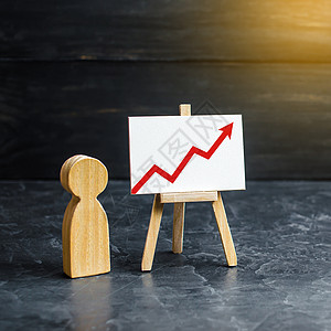一个人站在带有红色向上箭头的图表附近 财务上的成功和成就 业务报告和想法 总结 分析和市场研究 经济学教育 统计数据图片