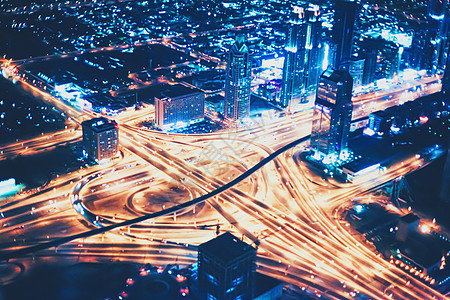 阿拉伯联合酋长国迪拜的空中夜景 大城市风景城市景市中心摩天大楼政治景观天线都市地标街道运输酒店图片