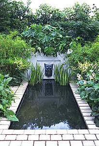 具有吸引力的水特征 在城市花园中选种植物;和图片