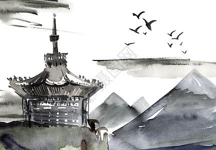 水彩画中国风景国画飞行建筑绘画手工旅行艺术宝塔天空建筑学图片