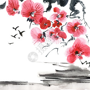 开花的树和飞翔的鸟樱花插图艺术手工国画罪恶手绘刷子绘画艺术品图片