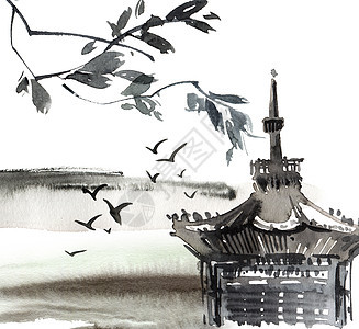 水彩画中国风景绘画建筑学建筑插图卡片刷子宝塔天空艺术品手绘图片