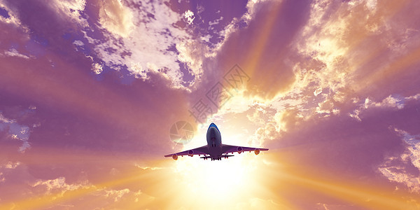 日落天空中的飞机 3D太阳喷射航空日出土地商业空气建筑航班翅膀图片