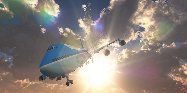 日落天空中的飞机 3D气氛航班建筑学全景旅游客机飞机场乘客插图商业图片