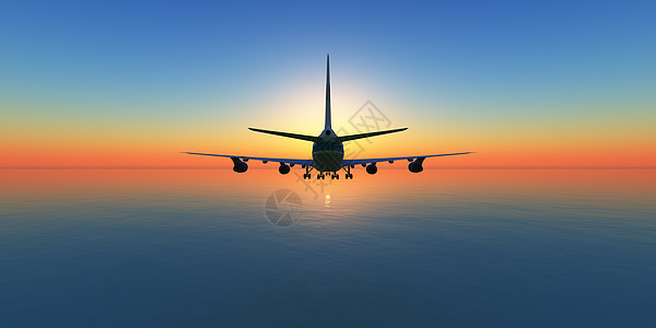 日落天空中的飞机 3D运输乘客商业技术太阳飞行空气插图日落航班图片