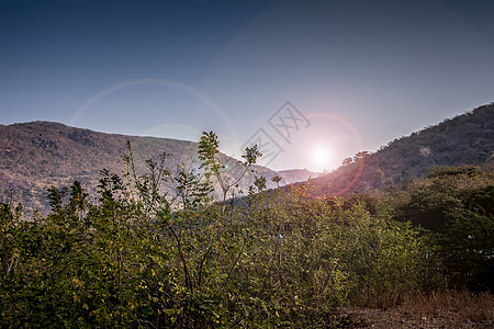 日落的山丘和空地薄雾太阳植物草地旅行季节土地爬坡场景地平线图片