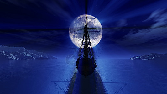 旧船在夜满月它制作图案海盗反思天空海洋帆船3d蓝色月亮旅行护卫舰图片