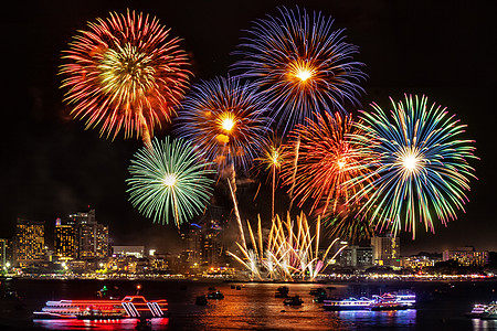 喜庆的五颜六色的烟花在夜景中照亮了城市上空 为节日和庆典背景假期场景国家倒数墙纸海报派对火花焰火展示图片