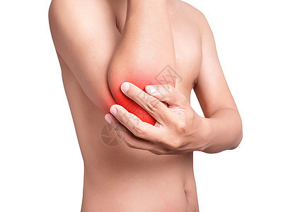 男人患有肘部疼痛 关节痛 红色突出显示与红色在肘部隔离在白色背景上 医疗保健和医疗概念图片