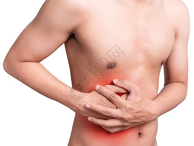 患有胃痛或胃肠病学概念的人胃与保健和医学 疼痛呈红色 在白色背景上隔离图片