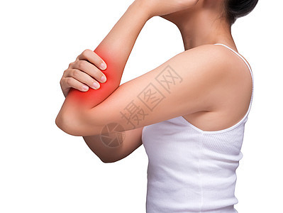 女人患有手臂疼痛 手臂肌肉疼痛 手臂上的红色突出显示 手臂肌肉在白色背景上被隔离 保健和医疗概念 工作室拍摄图片
