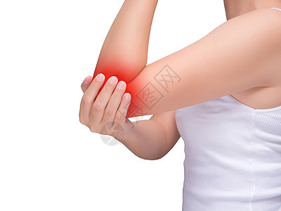 受手肘疼痛 关节疼痛折磨的妇女 在与白种背景隔绝的肘部 红色亮光显示图片