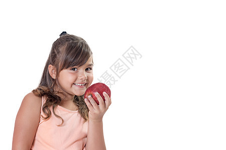 微笑的小女孩准备吃一个红苹果图片