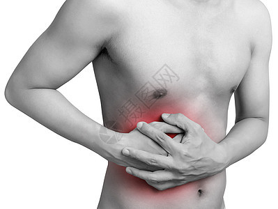 患有胃痛或胃肠病的人胃 医疗保健和医学的概念 疼痛呈红色 在白色背景上隔离图片