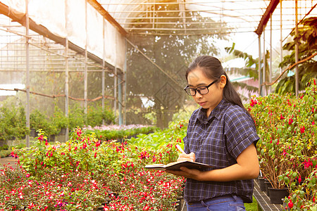 在温室工作的亚洲园丁妇女的肖像 用笔记本检查农场上种植的花朵和温室中的病虫害享受幼苗苗圃女孩店铺花园植物花店肥料昆虫图片