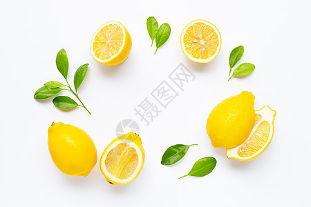 新鲜柠檬叶上白色孤立排毒饮食水果叶子热带食物菠萝柠檬皮肤果汁图片