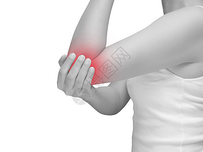 与白种背景隔离的手肘上的单一音调突出显示女性受到胳膊肘疼痛 关节疼痛和共同疼痛的影响图片