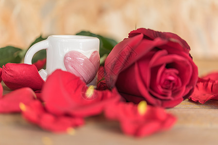 情人节木地板上的红玫瑰花植物假期花园木头桌子工作室美丽叶子婚礼纪念日图片