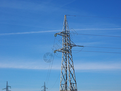 输电线路塔地标蓝天建筑桅杆技术电气力量电缆金属蓝色图片