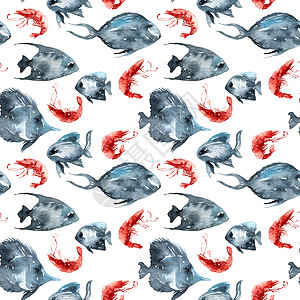 鱼和虾的水彩插图海上生活草图荒野海洋绘画艺术海鲜蓝色游泳图片