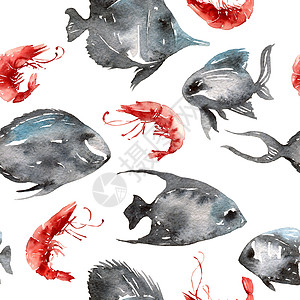 鱼和虾的水彩插图蓝色海鲜荒野游泳绘画艺术海洋海上生活草图图片
