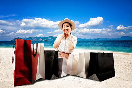 夏季销售 一个快乐的商店女商务人士 在T上开一个购物袋购物者海滩飞行地面店铺购物狂女性零售女孩城市图片
