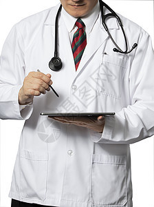 穿白袍的医生 带平板电脑药片医师外套长袍药物治疗工具工作药品诊所职业图片