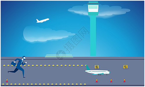 男人在跑道的飞机后面奔跑运输车站商业旅游跑步假期传播天空空气城市图片