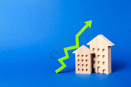 住宅楼的数字和向上的绿色箭头 房地产成本和流动性增加 有吸引力的投资 价格上涨或租金上涨 供需增长 高销售率建筑财产抵押贷款销售图片