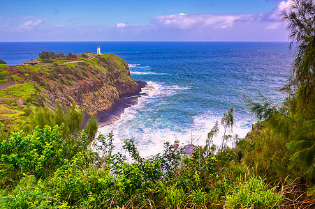 Kauai 夏威夷灯塔海岸线悬崖晴天建筑警告热带蓝色灯塔海岸半岛图片