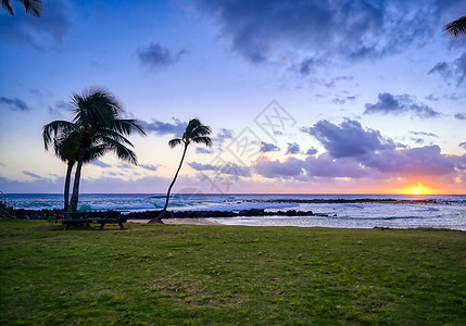夏威夷Kauai海岸的日落公园蓝色冲浪天空绿色风景太阳天堂海洋假期图片