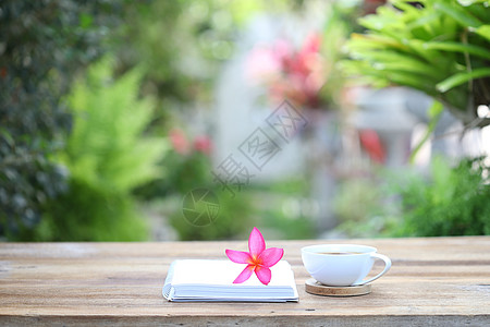 木桌上有花和杯子的书会议笔记本文档植物床单叶子鸡蛋花场地咖啡木头图片