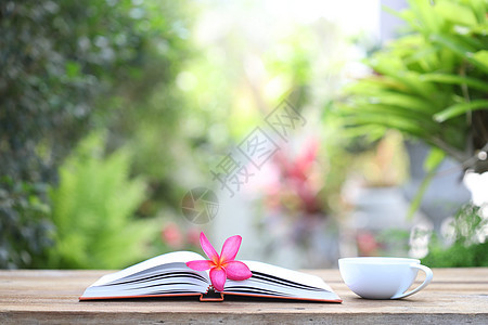 带白笔记本的弗朗吉帕尼花朵和木制桌上的咖啡杯图片
