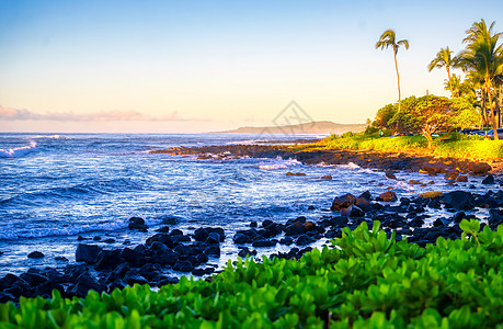 夏威夷Kauai海岸的日出海景旅行海洋旅游热带橙子蓝色天空天堂太阳图片