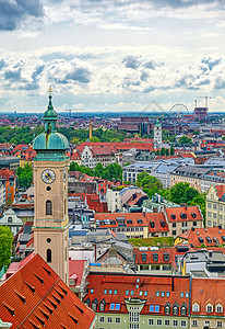 德国慕尼黑空中观察 德国慕尼黑景观天线正方形建筑学全景历史性教会地标城市天空图片