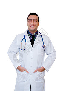 白色背景与男性医生隔离的肖像画工作男人卫生牙医微笑保健药品医疗外科护士图片